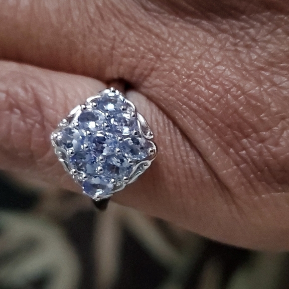 Tanzanite Cluster Ring Platinum Over Sterling Silver Size 6 - Picture 4 of 10